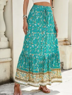 Women's Skirt A Line Swing Bohemia Casual Maxi High Waist Skirts Floral Print Micro-elastic Street Daily Pink Red Green Summer Polyester