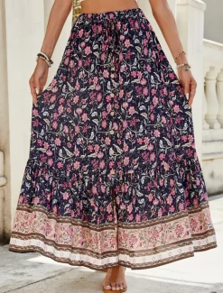 Women's Skirt A Line Swing Bohemia Casual Maxi High Waist Skirts Floral Print Micro-elastic Street Daily Pink Red Green Summer Polyester