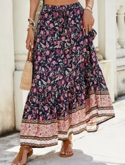 Women's Skirt A Line Swing Bohemia Casual Maxi High Waist Skirts Floral Print Micro-elastic Street Daily Pink Red Green Summer Polyester
