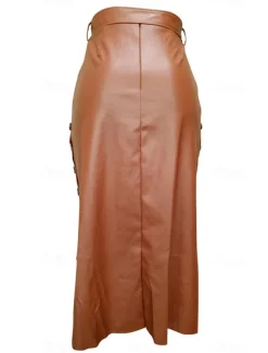 Women's Skirt Bodycon Fashion Casual Midi High Waist Skirts Solid Colored Maillard Split Ends Vacation Street Black Wine Brown Spring Faux Leather Leather