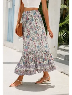 Women's Skirt Bohemia Casual Boho Maxi Mid Rise Skirts Floral Print Micro-elastic Vacation Street Almond Red Blue Orange Summer Rayon