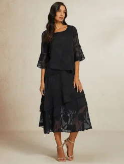 Women's Skirt Elegant Midi Mid Waist Skirts Floral Layered Inelastic Party Causal Black Summer Chiffon