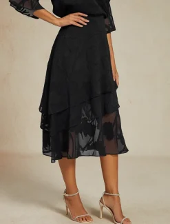 Women's Skirt Elegant Midi Mid Waist Skirts Floral Layered Inelastic Party Causal Black Summer Chiffon