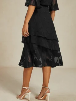 Women's Skirt Elegant Midi Mid Waist Skirts Floral Layered Inelastic Party Causal Black Summer Chiffon