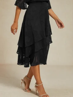 Women's Skirt Elegant Midi Mid Waist Skirts Floral Layered Inelastic Party Causal Black Summer Chiffon