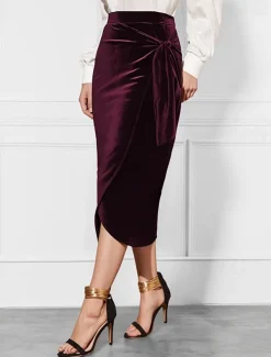 Women's Skirt Elegant Vintage Fashion Sexy Midi Mid Waist Skirts Plain Ruched Split Ends Micro-elastic School Christmas claret Spring Polyester Velvet