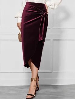 Women's Skirt Elegant Vintage Fashion Sexy Midi Mid Waist Skirts Plain Ruched Split Ends Micro-elastic School Christmas claret Spring Polyester Velvet