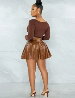 Women's Skirt Fashion Carnival Costumes Ladies Mini Skirts Solid Colored Pleated Carnival Homecoming Black Red Brown Spring & Fall PU Leather