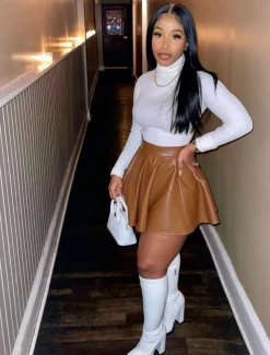 Women's Skirt Fashion Carnival Costumes Ladies Mini Skirts Solid Colored Pleated Carnival Homecoming Black Red Brown Spring & Fall PU Leather