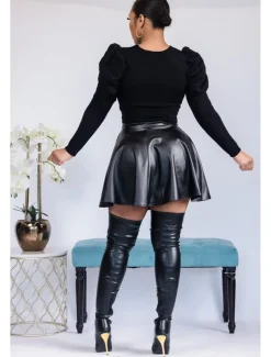 Women's Skirt Fashion Carnival Costumes Ladies Mini Skirts Solid Colored Pleated Carnival Homecoming Black Red Brown Spring & Fall PU Leather