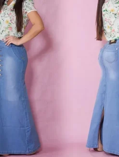 Women's Skirt Long Skirt Denim Midi Skirt Fashion Casual Maxi High Waist Skirts Plain Long Going out Casual Daily Dark Blue Light Blue Summer Polyester