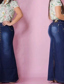 Women's Skirt Long Skirt Denim Midi Skirt Fashion Casual Maxi High Waist Skirts Plain Long Going out Casual Daily Dark Blue Light Blue Summer Polyester