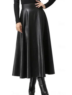 Women's Skirt Long Skirt Elegant Fashion Casual Midi High Waist Skirts Solid Colored Ruched Vacation Street Black Fall & Winter Faux Leather