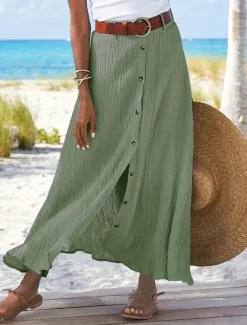 Women's Skirt Long Skirt Linen Skirts Straight Fashion coastal grandma style Summer Maxi Skirts Solid Colored Split Vacation Office / Career Black White Navy Blue Orange Autumn / Fall Polyester