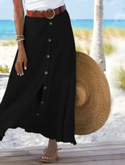 Women's Skirt Long Skirt Linen Skirts Straight Fashion coastal grandma style Summer Maxi Skirts Solid Colored Split Vacation Office / Career Black White Navy Blue Orange Autumn / Fall Polyester