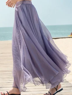 Women's Skirt Swing Long Skirt Maxi Skirts Layered Solid Colored Casual Daily Beach Summer Chiffon Fashion Summer Black White Yellow Pink