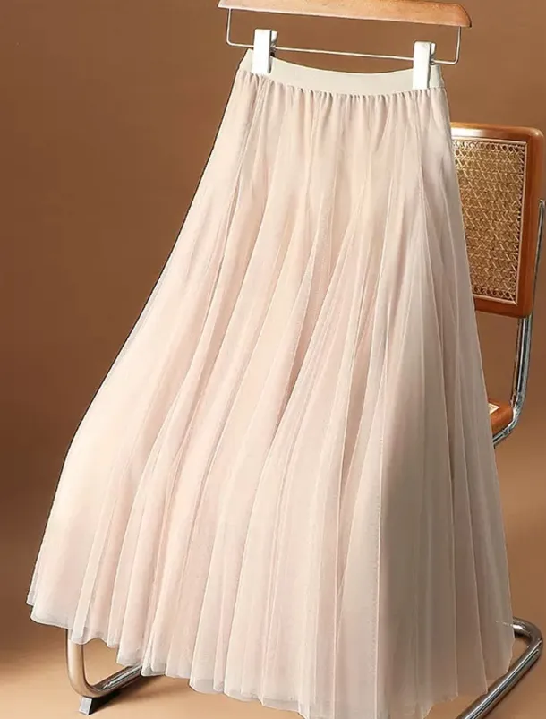 Women's Skirt Swing Midi Skirts Ruched Layered Solid Colored Daily Date Spring, Fall, Winter, Summer Elegant Long Apricot Black White Pink
