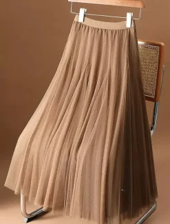 Women's Skirt Swing Midi Skirts Ruched Layered Solid Colored Daily Date Spring, Fall, Winter, Summer Elegant Long Apricot Black White Pink