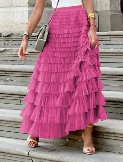 Women's Skirt Swing Tutu Maxi High Waist Skirts Pleated Solid Colored Street Daily Spring & Summer Elegant Fashion Casual Apricot Black Khaki Rose Red