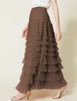 Women's Skirt Swing Tutu Maxi High Waist Skirts Pleated Solid Colored Street Daily Spring & Summer Elegant Fashion Casual Apricot Black Khaki Rose Red