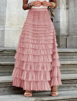 Women's Skirt Swing Tutu Maxi High Waist Skirts Pleated Solid Colored Street Daily Spring & Summer Elegant Fashion Casual Apricot Black Khaki Rose Red