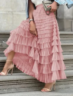 Women's Skirt Swing Tutu Maxi High Waist Skirts Pleated Solid Colored Street Daily Spring & Summer Elegant Fashion Casual Apricot Black Khaki Rose Red