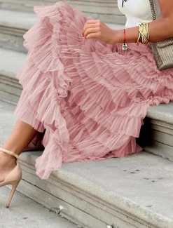 Women's Skirt Swing Tutu Maxi High Waist Skirts Pleated Solid Colored Street Daily Spring & Summer Elegant Fashion Casual Apricot Black Khaki Rose Red
