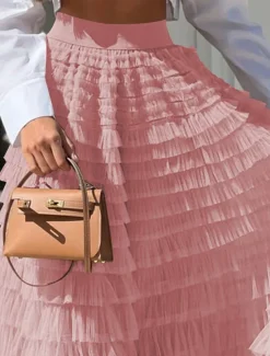 Women's Skirt Swing Tutu Maxi High Waist Skirts Pleated Solid Colored Street Daily Spring & Summer Elegant Fashion Casual Apricot Black Khaki Rose Red