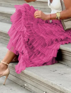 Women's Skirt Swing Tutu Maxi High Waist Skirts Pleated Solid Colored Street Daily Spring & Summer Elegant Fashion Casual Apricot Black Khaki Rose Red