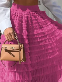 Women's Skirt Swing Tutu Maxi High Waist Skirts Pleated Solid Colored Street Daily Spring & Summer Elegant Fashion Casual Apricot Black Khaki Rose Red