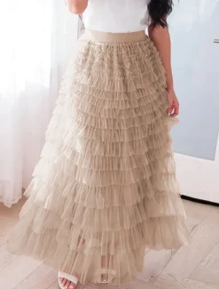 Women's Skirt Swing Tutu Maxi High Waist Skirts Pleated Solid Colored Street Daily Spring & Summer Elegant Fashion Casual Apricot Black Khaki Rose Red