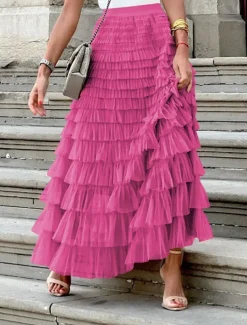 Women's Skirt Tutu Fashion Casual Maxi High Waist Skirts Solid Colored Ruffle Going out Casual Daily Apricot Black White Khaki Summer Polyester
