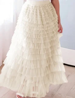 Women's Skirt Tutu Fashion Casual Maxi High Waist Skirts Solid Colored Ruffle Going out Casual Daily Apricot Black White Khaki Summer Polyester