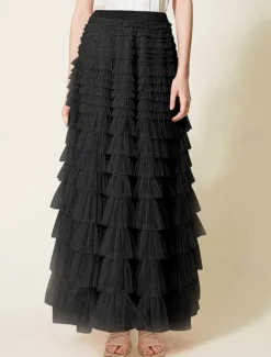 Women's Skirt Tutu Fashion Casual Maxi High Waist Skirts Solid Colored Ruffle Going out Casual Daily Apricot Black White Khaki Summer Polyester