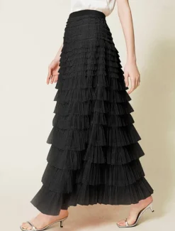 Women's Skirt Tutu Fashion Casual Maxi High Waist Skirts Solid Colored Ruffle Going out Casual Daily Apricot Black White Khaki Summer Polyester