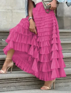 Women's Skirt Tutu Fashion Casual Maxi High Waist Skirts Solid Colored Ruffle Going out Casual Daily Apricot Black White Khaki Summer Polyester