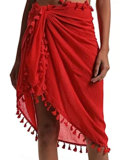 Women's Skirt Wrap Skirt Fashion Beach Wear Casual Mini Mid Waist Skirts Solid Colored Tassel Fringe Vacation Beach Black White Pink Red Summer Chiffon