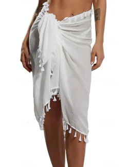 Women's Skirt Wrap Skirt Fashion Beach Wear Casual Mini Mid Waist Skirts Solid Colored Tassel Fringe Vacation Beach Black White Pink Red Summer Chiffon