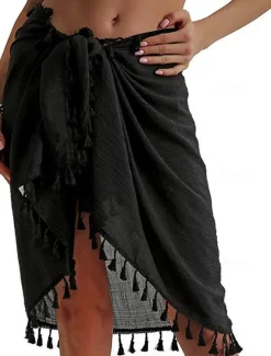 Women's Skirt Wrap Skirt Fashion Beach Wear Casual Mini Mid Waist Skirts Solid Colored Tassel Fringe Vacation Beach Black White Pink Red Summer Chiffon