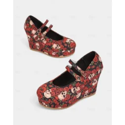Women's Skull and Rose Print Wedge Mary Jane Shoes - Gothic Platform Heels for Alternative Fashion,Concerts and Halloween Parties
