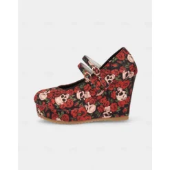 Women's Skull and Rose Print Wedge Mary Jane Shoes - Gothic Platform Heels for Alternative Fashion,Concerts and Halloween Parties