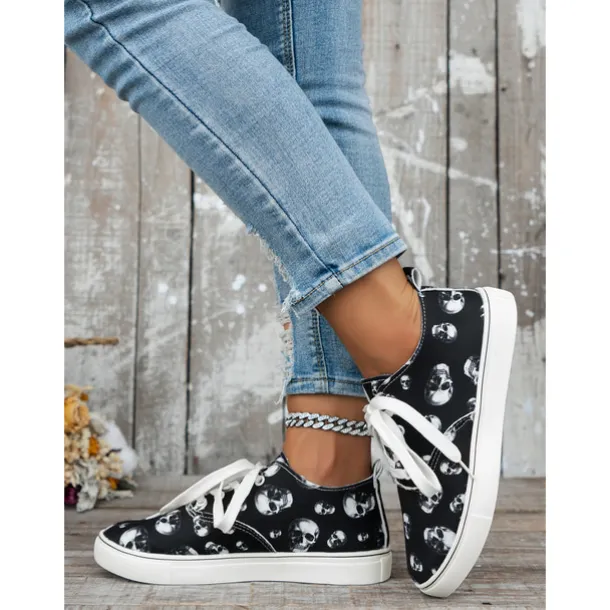 Women's Skull Print Lace-Up Sneakers – Gothic Casual Low-Top Shoes with White Soles, Perfect for Halloween and Everyday Street Style
