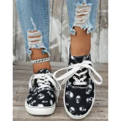 Women's Skull Print Lace-Up Sneakers – Gothic Casual Low-Top Shoes with White Soles, Perfect for Halloween and Everyday Street Style
