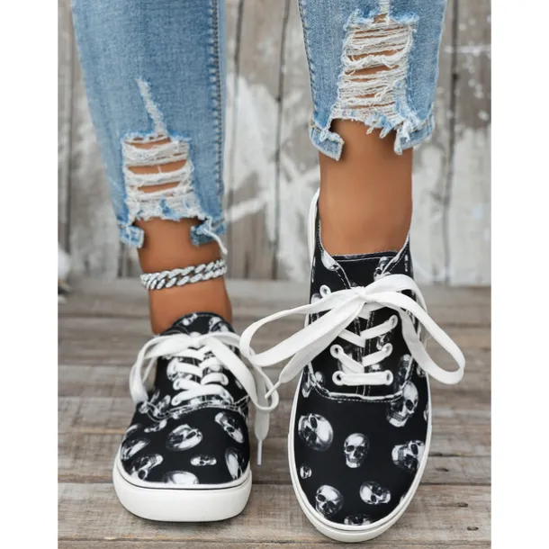 Women's Skull Print Lace-Up Sneakers – Gothic Casual Low-Top Shoes with White Soles, Perfect for Halloween and Everyday Street Style