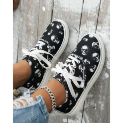 Women's Skull Print Lace-Up Sneakers – Gothic Casual Low-Top Shoes with White Soles, Perfect for Halloween and Everyday Street Style