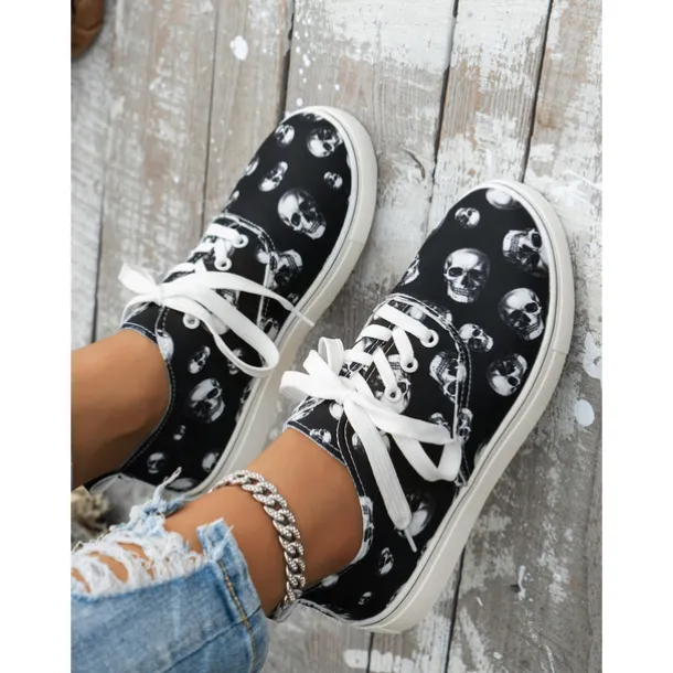 Women's Skull Print Lace-Up Sneakers – Gothic Casual Low-Top Shoes with White Soles, Perfect for Halloween and Everyday Street Style