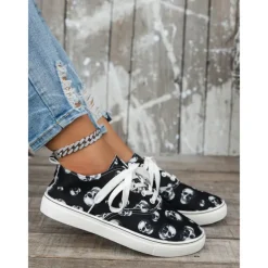 Women's Skull Print Lace-Up Sneakers – Gothic Casual Low-Top Shoes with White Soles, Perfect for Halloween and Everyday Street Style