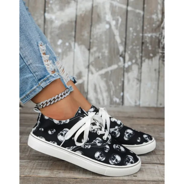 Women's Skull Print Lace-Up Sneakers – Gothic Casual Low-Top Shoes with White Soles, Perfect for Halloween and Everyday Street Style