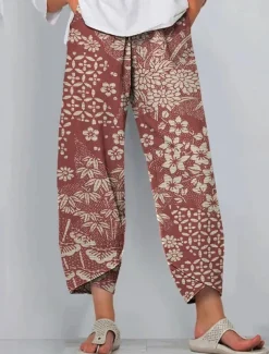 Women's Slacks Active Vacation Vintage Full Length High Waist Floral Graphic Elastic Waistband Comfy Breathability Soft Micro-elastic Outdoor Street Daily Red Navy Blue Purple Green Summer Spring