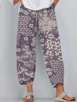 Women's Slacks Active Vacation Vintage Full Length High Waist Floral Graphic Elastic Waistband Comfy Breathability Soft Micro-elastic Outdoor Street Daily Red Navy Blue Purple Green Summer Spring